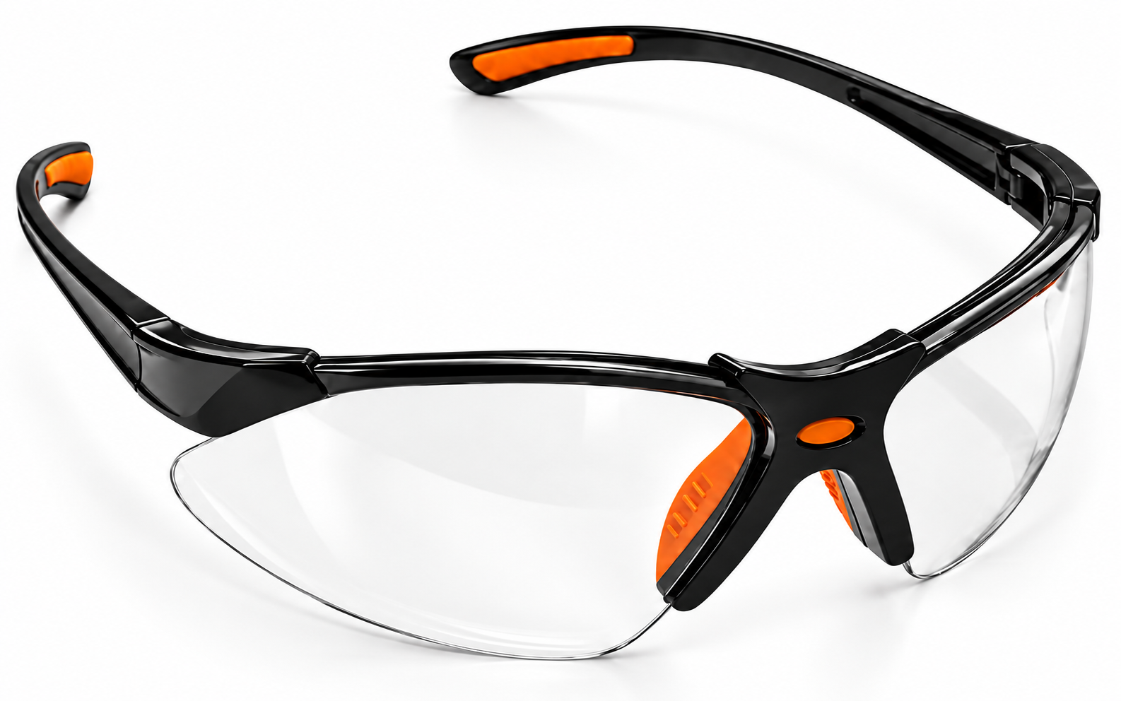 Lunettes de protection à verres transparents, monture noire et détails orange, vues de trois quarts